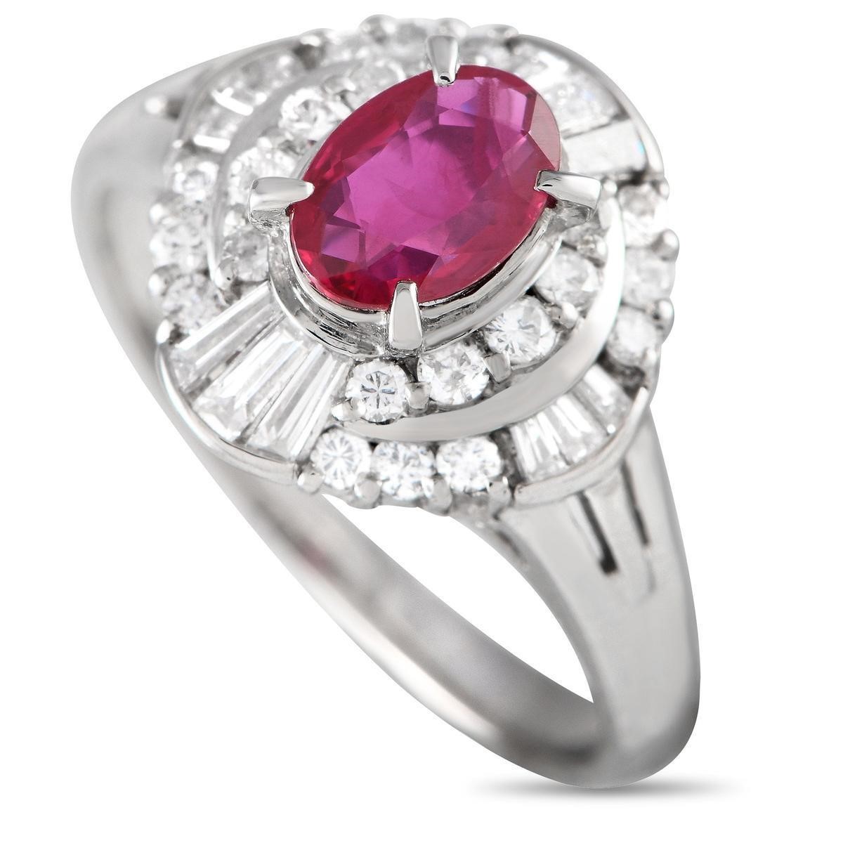 Platinum 0.52ct Diamond and Ruby Stepped Halo Ring