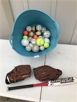 Bin of Balls, 2 Mitts and Bat