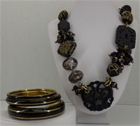 Black and Gold Beaded Chico's Necklace & 3 Bangles