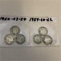 SILVER Roosevelt Dime Lot x 6 1950-1962