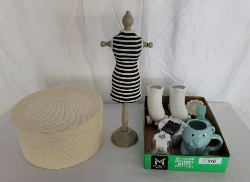 HAT BOXES, PIN CUSHION BODY FORM, FIGURINES