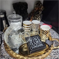Tray of Barware & Coasters w/ Coffee Grinder