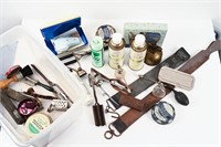 LOT OF ASSORTED BARBER SHOP TINS, STRAIGHT RAZORS,