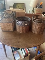 Trio of wicker and metal baskets/trash cans