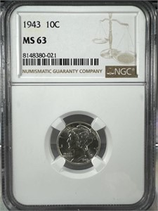 1943  Silver Mercury Dime NGC MS63