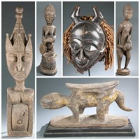 Five West African figures, stool, and mask. 20th c