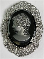 X-Tra Large Silver Tone Black Cameo Pin/Brooch