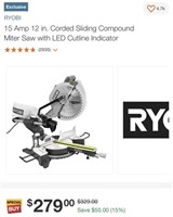 Ryobi 15Amp 12" Corded Sliding Compound Mitre Saw
