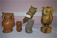 4 Wood Carved Owls - 3 unsigned - 1 signed by