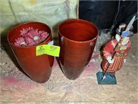 PAIR OF RED PLASTIC VASES 14 IN TALL AND BEEFEATER