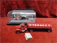 Diecast Texaco tanker truck, gas station.