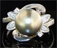 Platinum Gray Pearl & Natural Diamond Ring