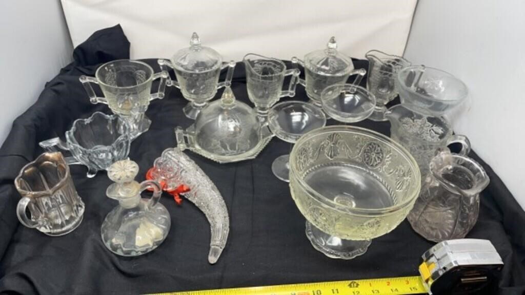 Clear cut glass creamer and sugar bowls including