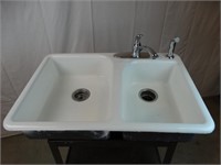 Double White Cast Iron Sink with  Faucet