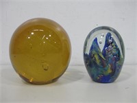 Two Glass Art Paperweights Tallest 5"