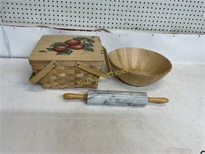 WOODEN BASKET   BOWL  MARBLE ROLLING PIN
