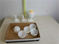 MILK GLASS CUPS, VASE, CANDLE HOLDERS