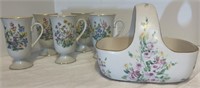 Floral Coffee Cups and Porcelain Basket