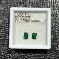 1.29 Ct (Pair) Natural Zambian Emeralds AIG Cert