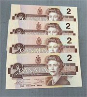 (4) 1986 Canada uncirculated 2 dollar notes