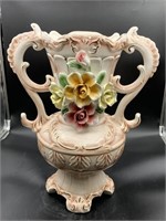 Beautiful floral pink and gold tone vase or urn wi