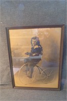 Antique Framed Photo of a Boy on a Bicycle.