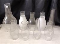 9 Various Vintage Glass Oil Lamp Chimneys