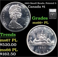 1965 Small Beads, Pointed 5 Canada Dollar $1 Grade