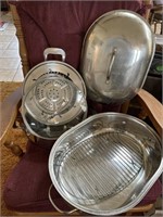STAINLESS ROASTER AND NEVER USED TWO LAYER PANS
