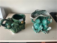 Two plant holders- ceramic elephant, plastic frogs