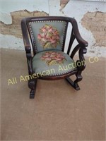 ANTIQUE MAHOGANY CLAW FOOTED NEEDLE POINT ROCKER