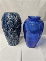 TWO BEAUTIFUL BLUE VASES 13" & 14"