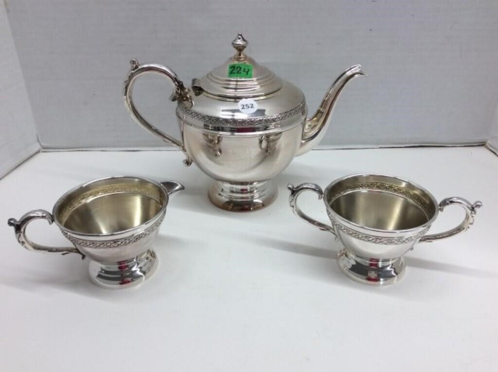 3pc Silverplate Set - Teapot, Creamer& Sugar Bowl,
