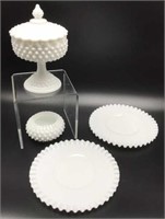 White Milk Glass Hobnail Lot Lidded Pedestal Candy