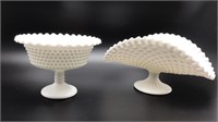 2pcs White Milk Glass Hobnail Pedestal Dish &