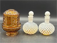 AMBER FAIRY LIGHT AND 2 HOBNAIL PERFUME BOTTLES