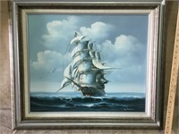 Framed oil on canvas of  sailing ships- signed