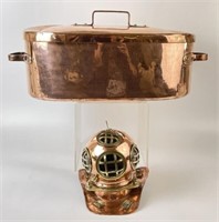 Copper Diving Helmet Replica and Lidded Oval Pan