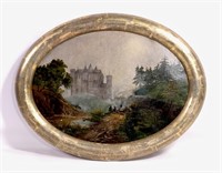 Oval painting, oil on canvas, Castle, 13.5" x 18.5