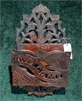 Victorian walnut carved "Welcome" wall pocket,