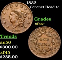 1833 Coronet Head Large Cent 1c Grades xf+++