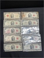 Group of 10 $2 Red Seals 1928-1963 Series