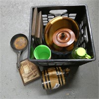 Crate of Plastic Cups, Barrel, Wooden Bowls - Etc