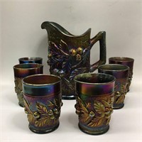 Northwood Carnival Glass Raspberr Pitcher & 6 Cups