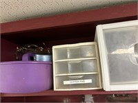 2 plastic storage containers and 1 purple tote