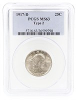 1917-D TYPE 2 US STANDING LIBERTY 25C COIN PCGS MS