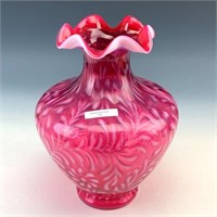 Fenton Cranberry Opal Daisy & Fern Ruffled Vase