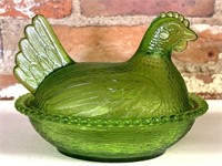 Green Glass Nested Hen 7” x 5.25”
