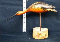 Vintage shorebird billed curlew decoy on wood base