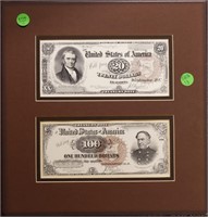 Framed Intaglio $20 and $100 U.S. Treasury Notes